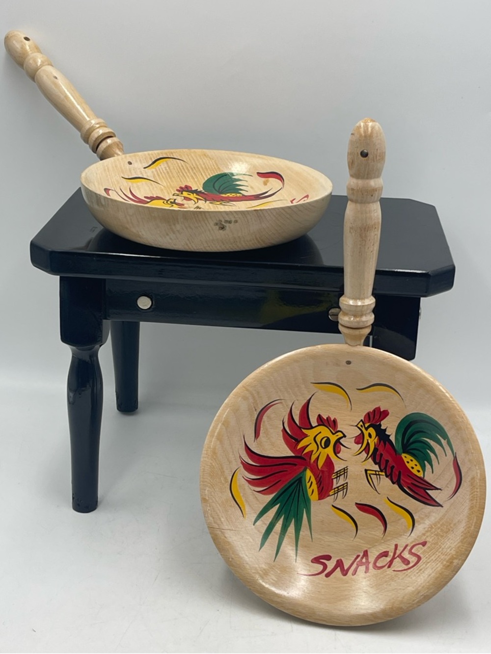 VTG Japanese Wood Hanging Snack Bowls with Hand Painted Rooster Chicken Graphics